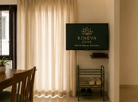 Room corner with screen, shoe rack and dining table