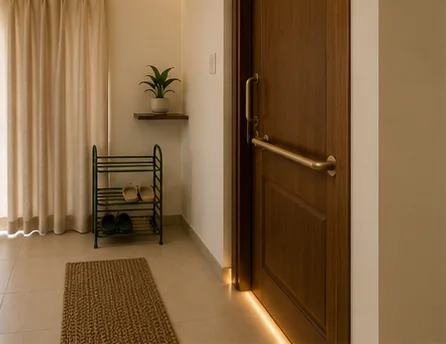 Room door with grab handle and night lighting