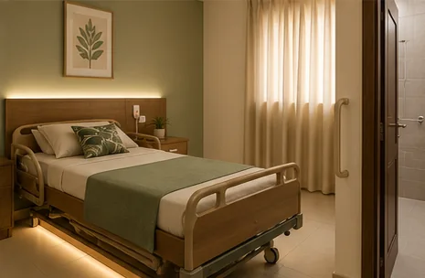 Single room with a hospital-grade bed and attached bathroom